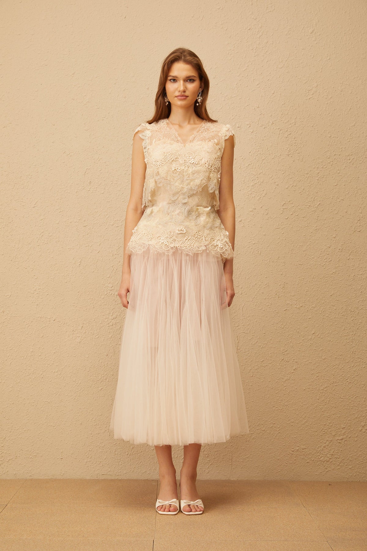 Marin Neutral Crochet Floral Tulle Top & Skirt Set