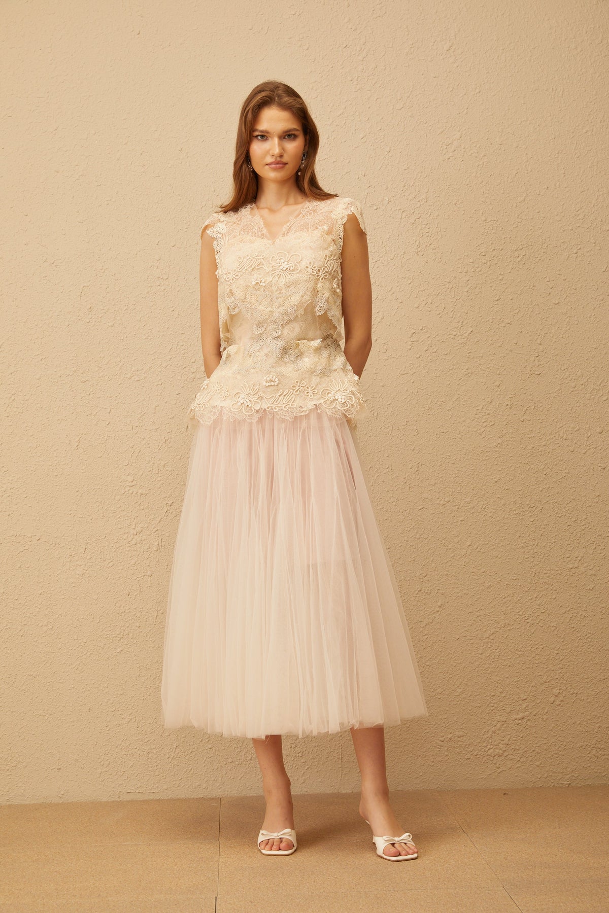 Marin Neutral Crochet Floral Tulle Top & Skirt Set