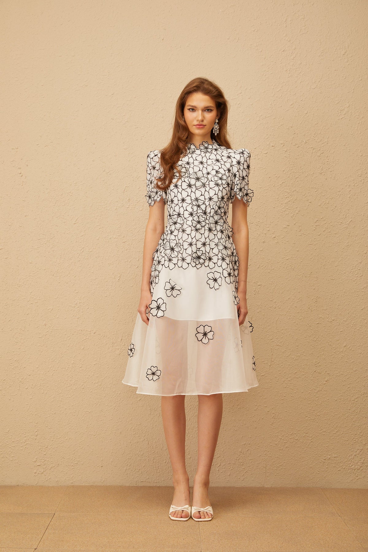 Yaelle White Floral Appliqué Tulle Midi Dress