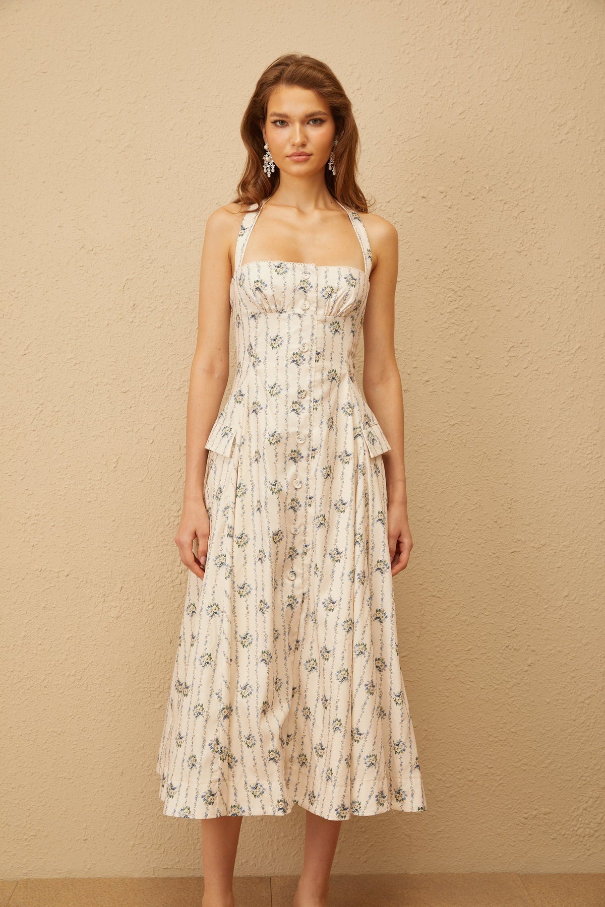 Estelle White Halterneck Floral Print Midi Dress (Final Sale)