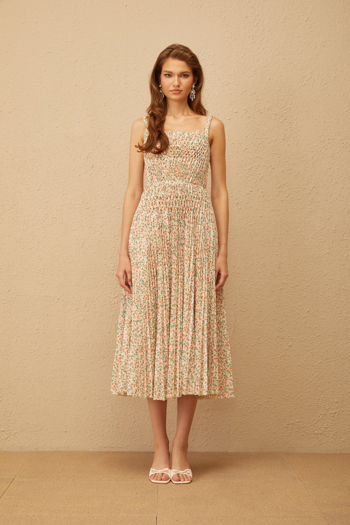 Marion Neutral Floral Print Pleated Midi Dress (Final Sale)