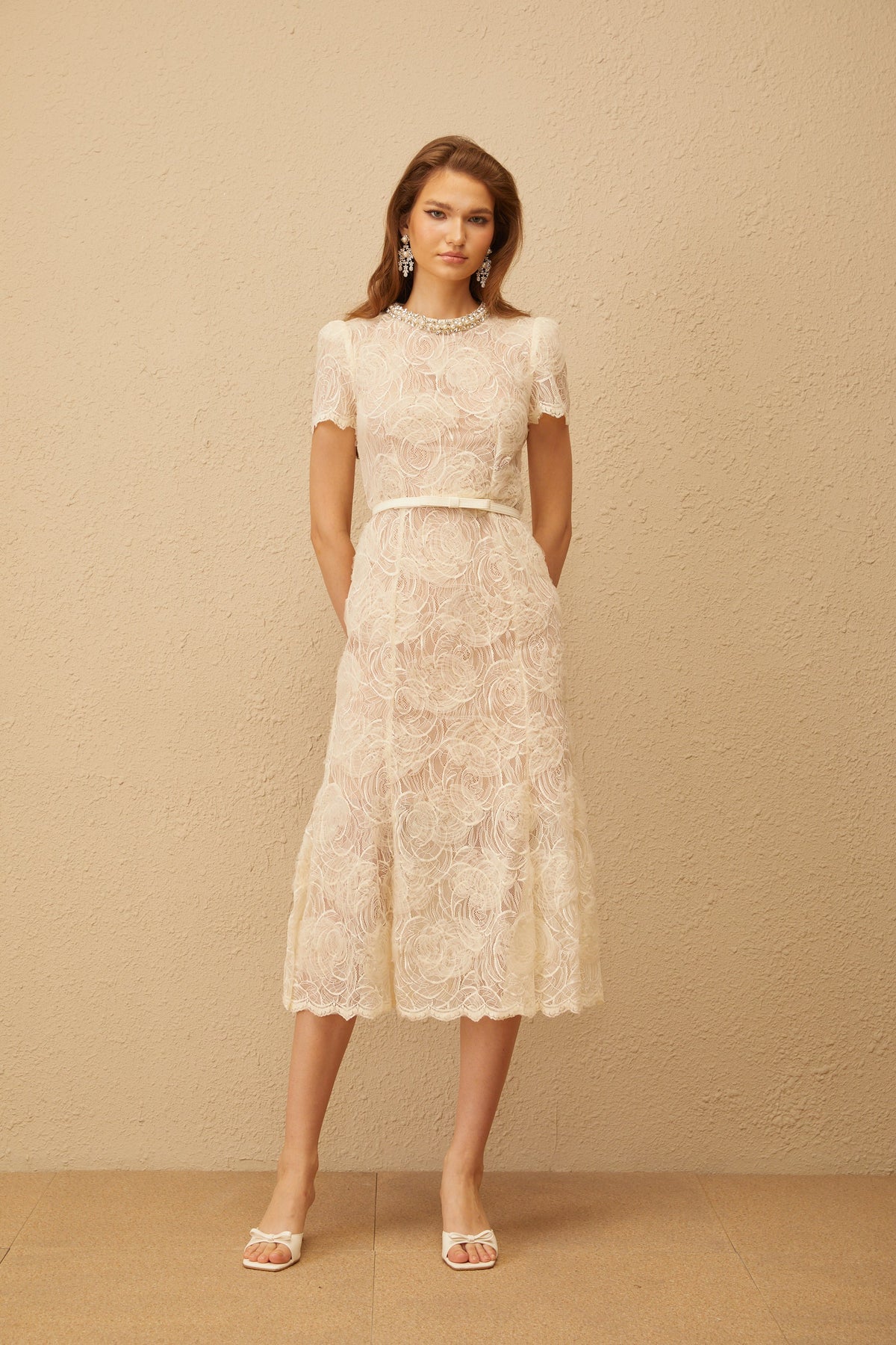 Félicie White Embellished Floral Lace Midi Dress (Final Sale-US Only)