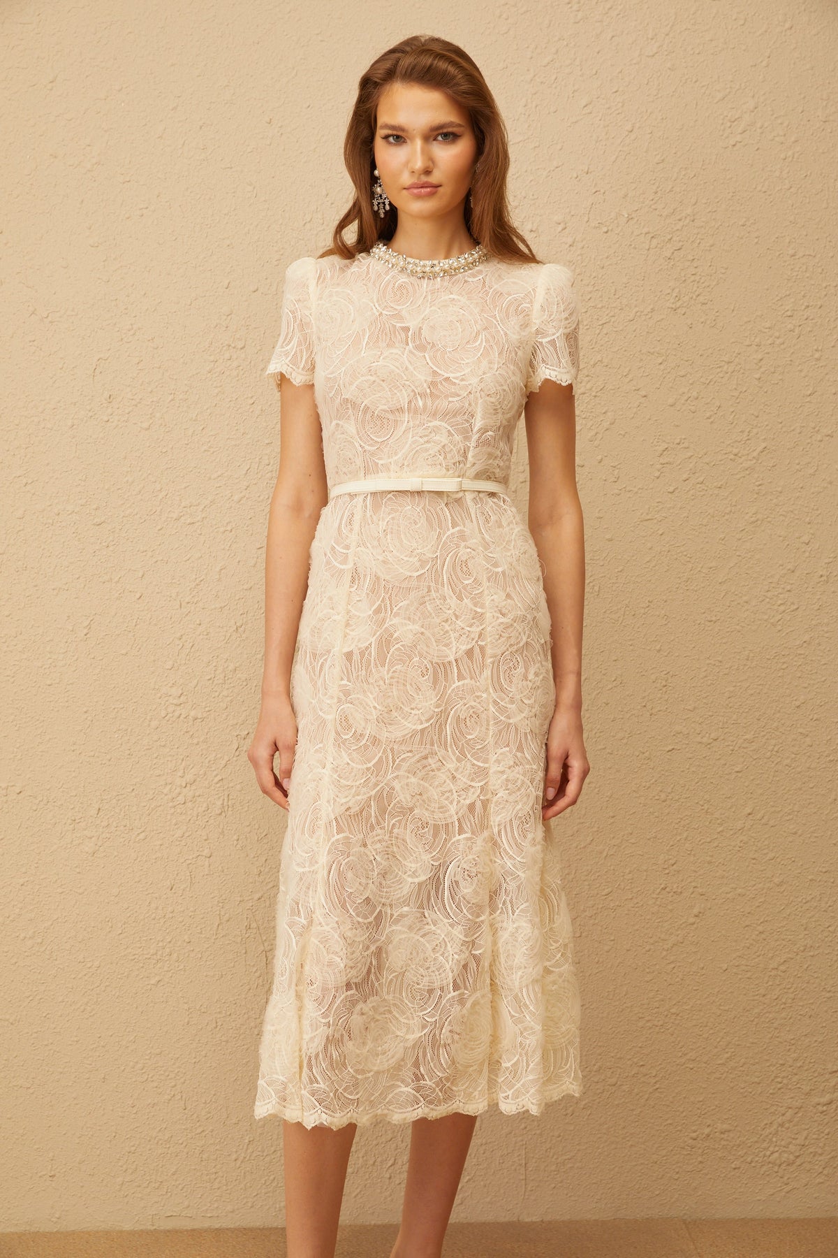 Félicie White Embellished Floral Lace Midi Dress