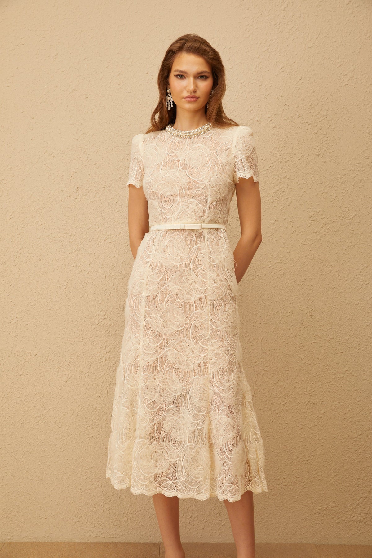 Félicie White Embellished Floral Lace Midi Dress (Final Sale-US Only)