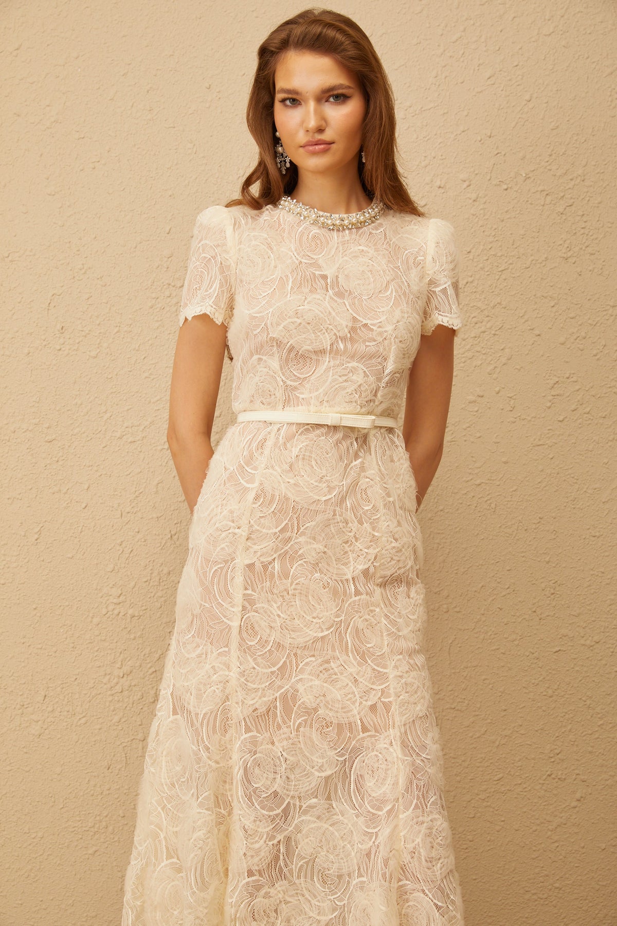 Félicie White Embellished Floral Lace Midi Dress