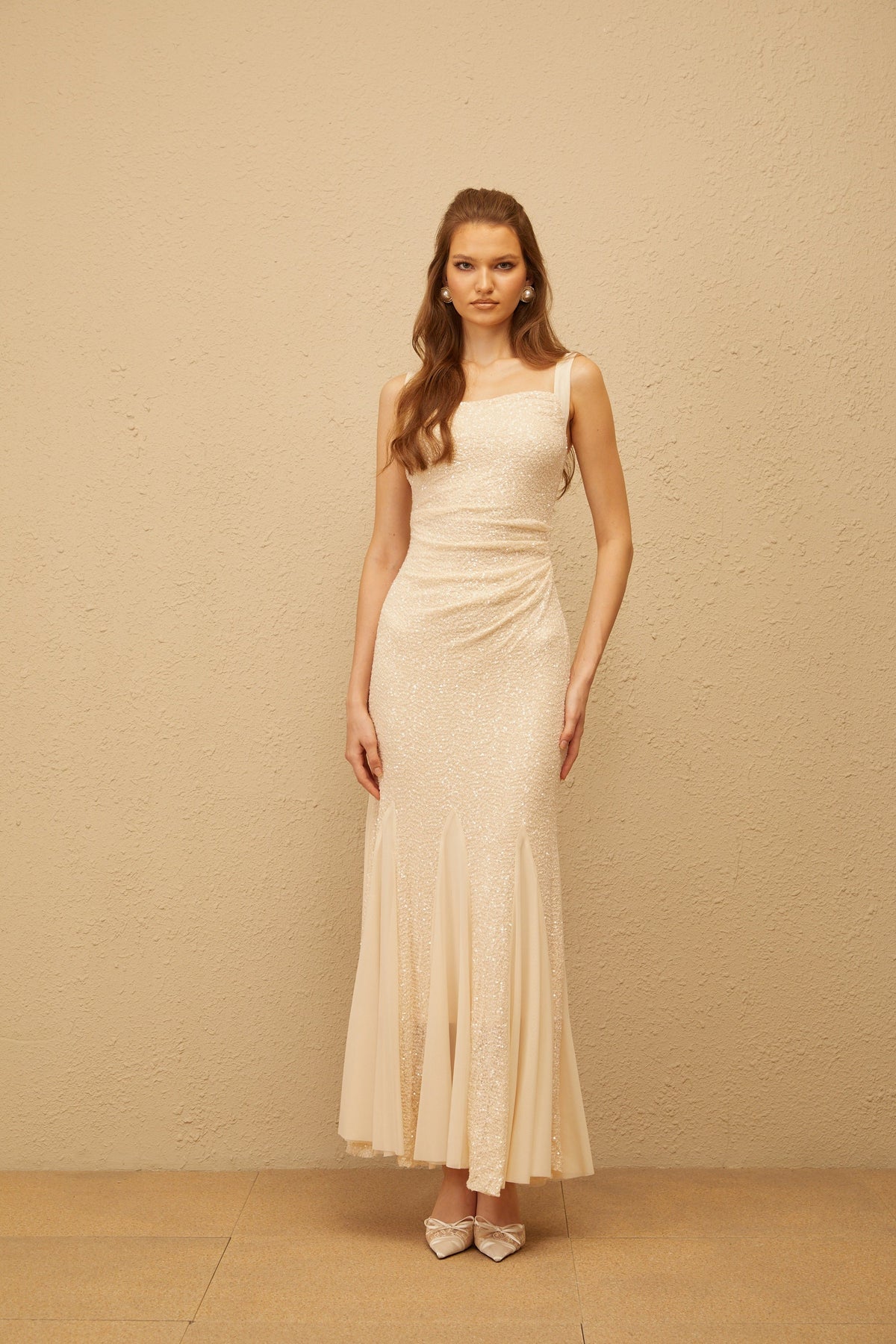 Jade Neutral Sequin Mermaid Mesh Maxi Dress