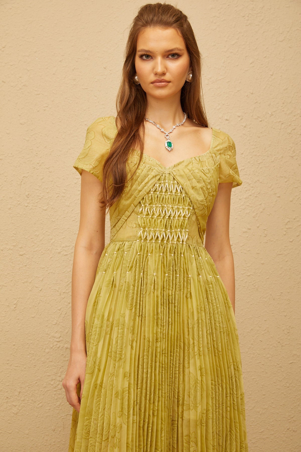 Capucine Green Floral Jacquard Pleated Midi Dress