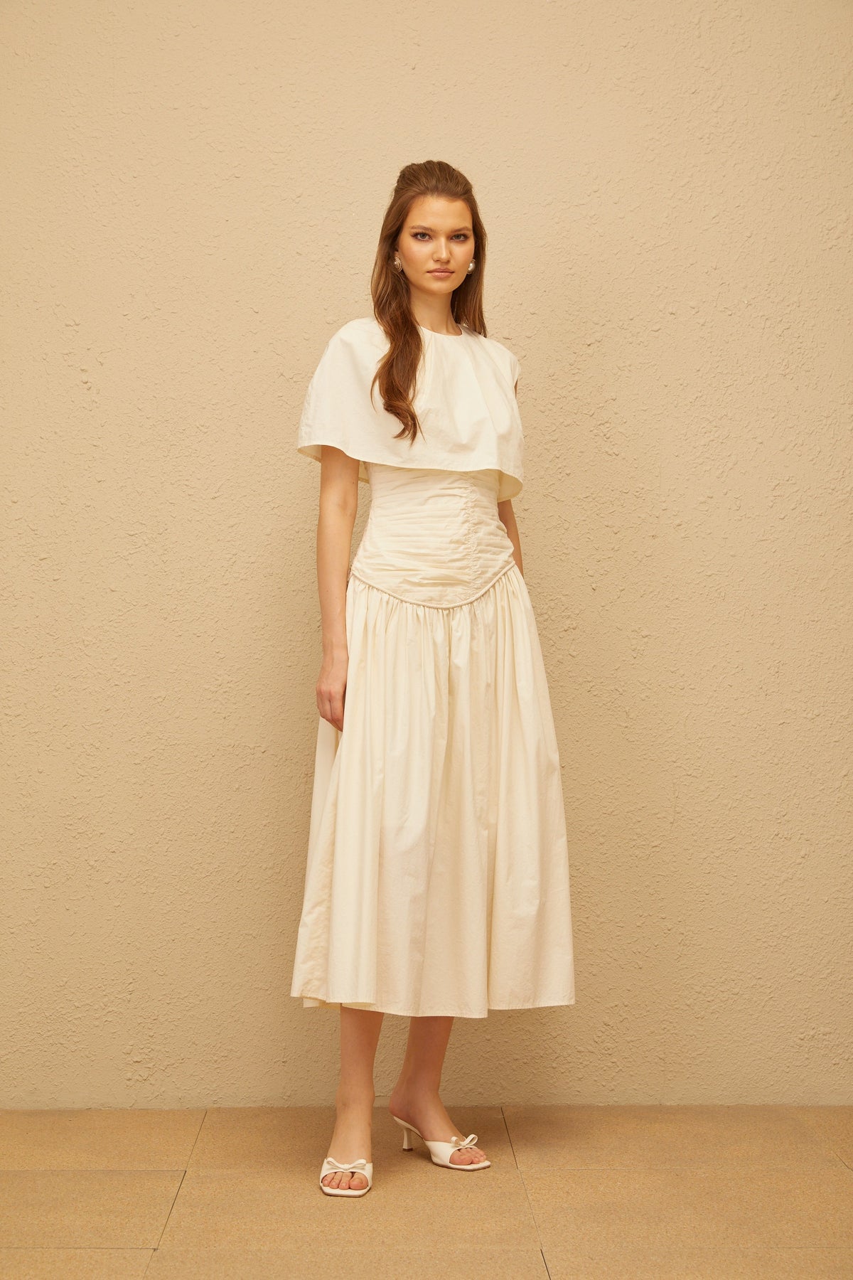 Boglárka Cream White Asymmetrical Ruched Midi Dress