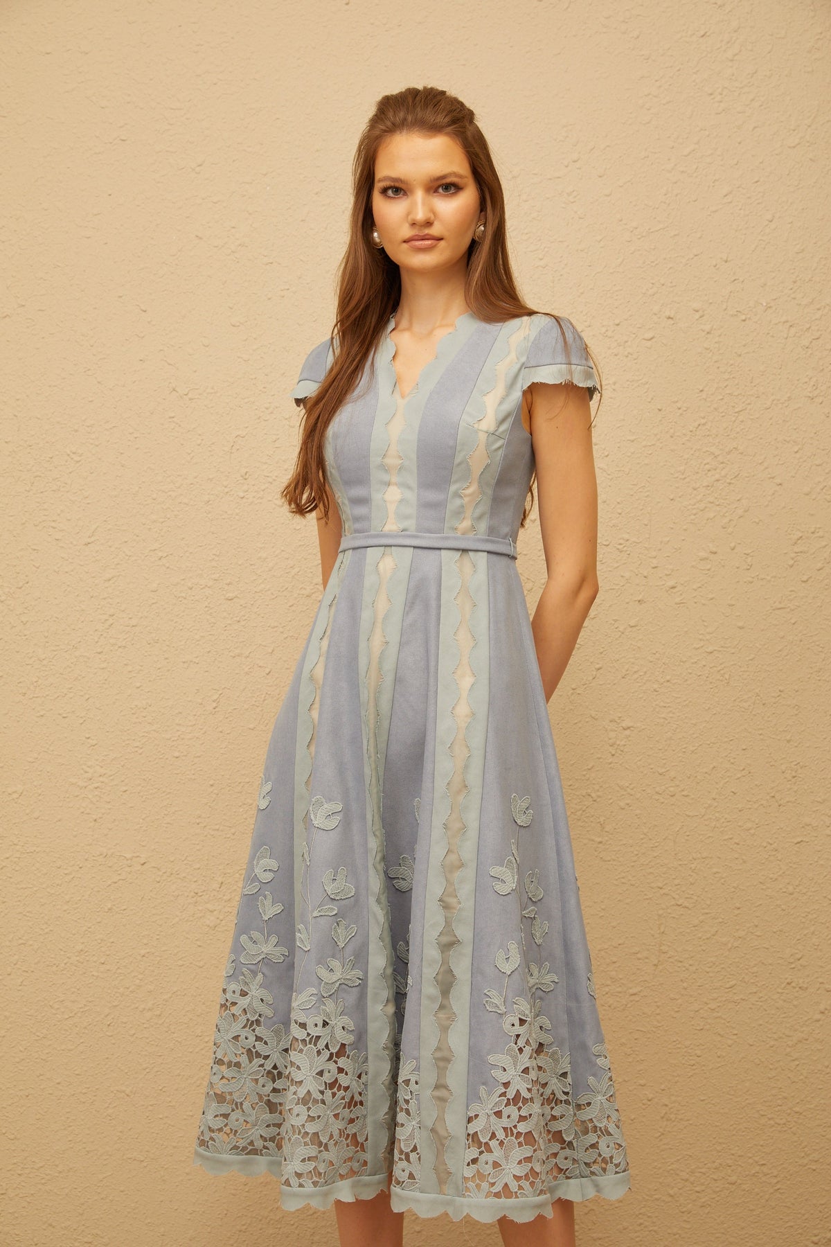 Amália Blue Scalloped Floral Embroidered Midi Dress (Final Sale-US Only)