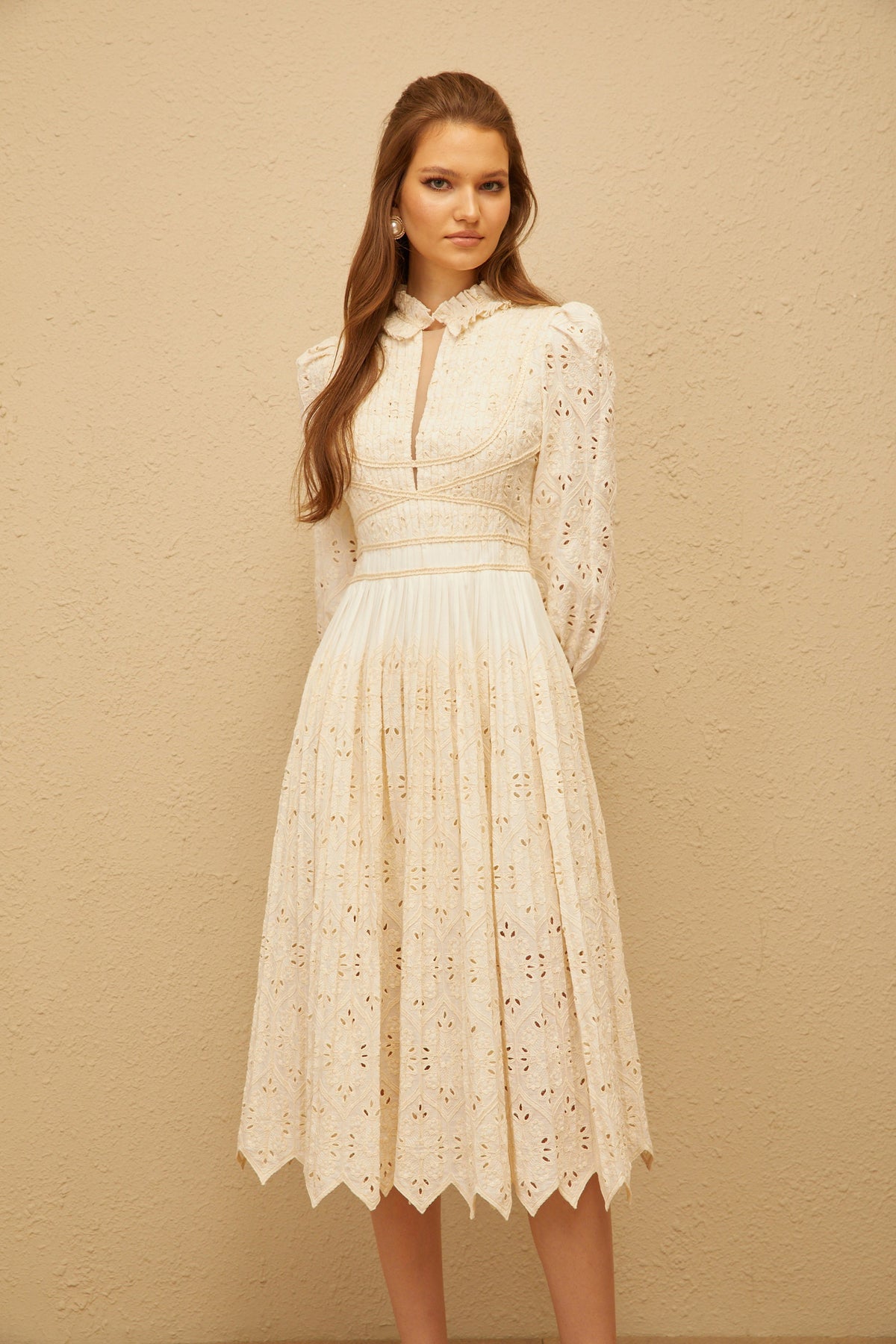 Isabeau Neutral Floral Embroidered Pleated Midi Dress