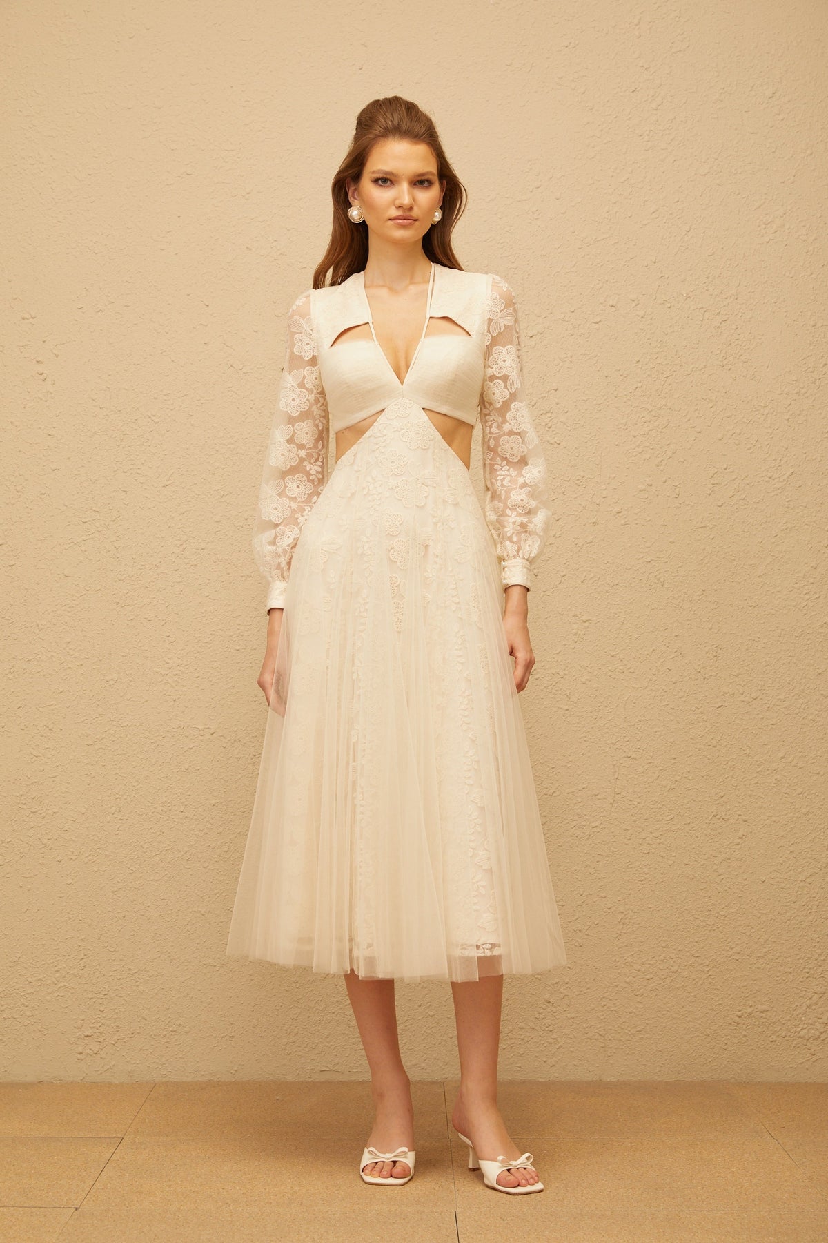 Esmé White Floral Lace Tulle Midi Dress
