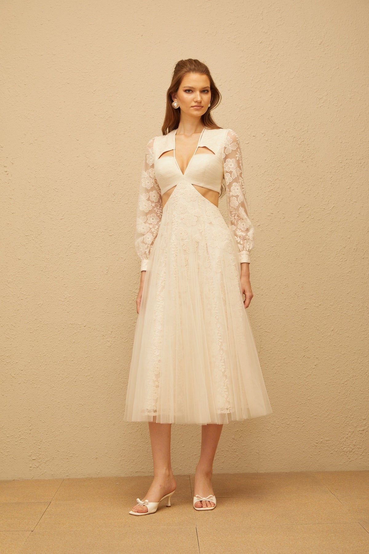 Esmé White Floral Lace Tulle Midi Dress