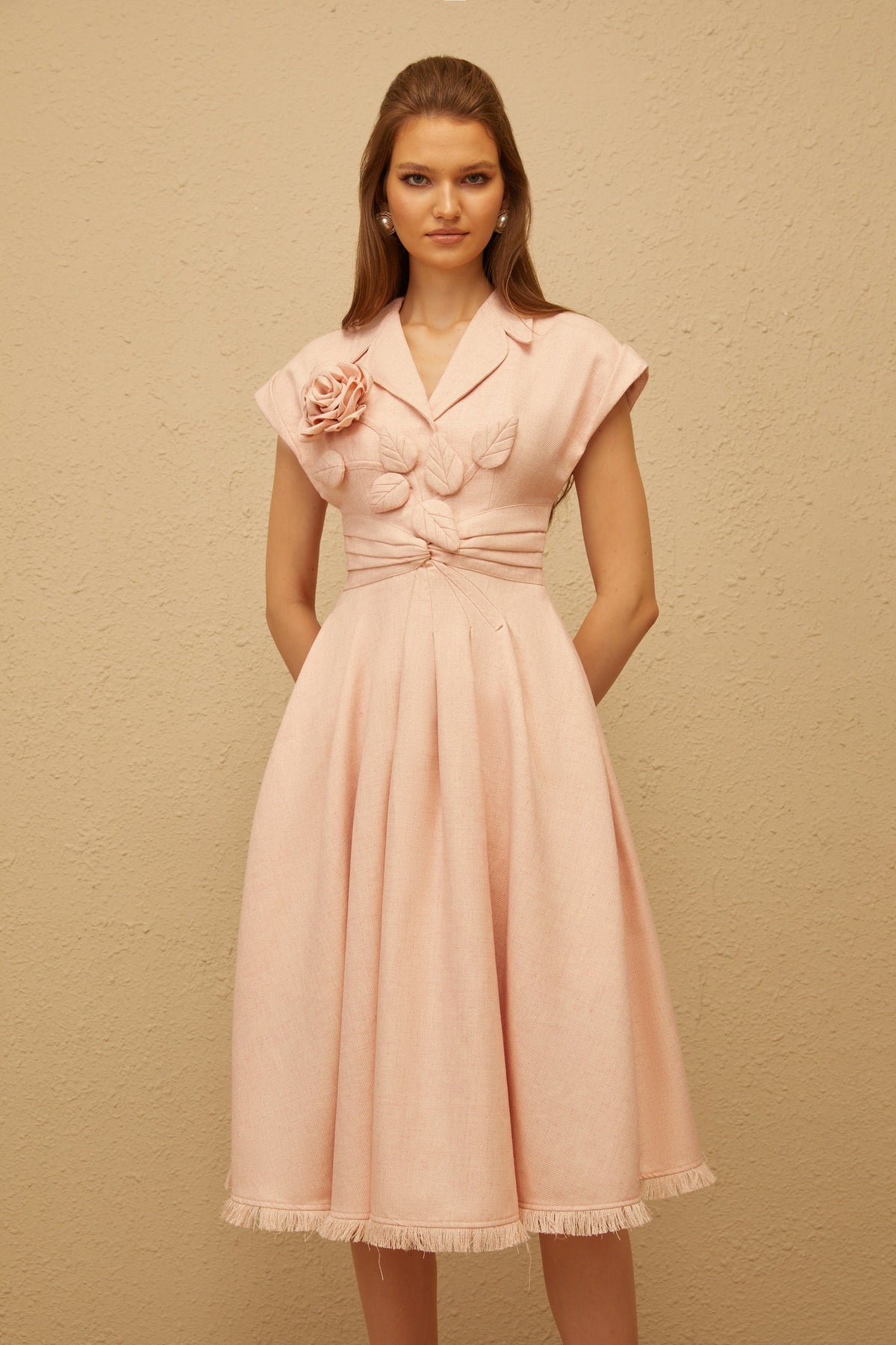 Bernadett Pink 3D Petal Pleated Midi Dress