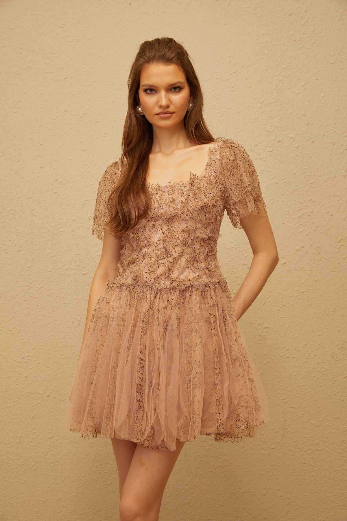 Gaëtane Brown Tulle Panel Lace Mini Dress