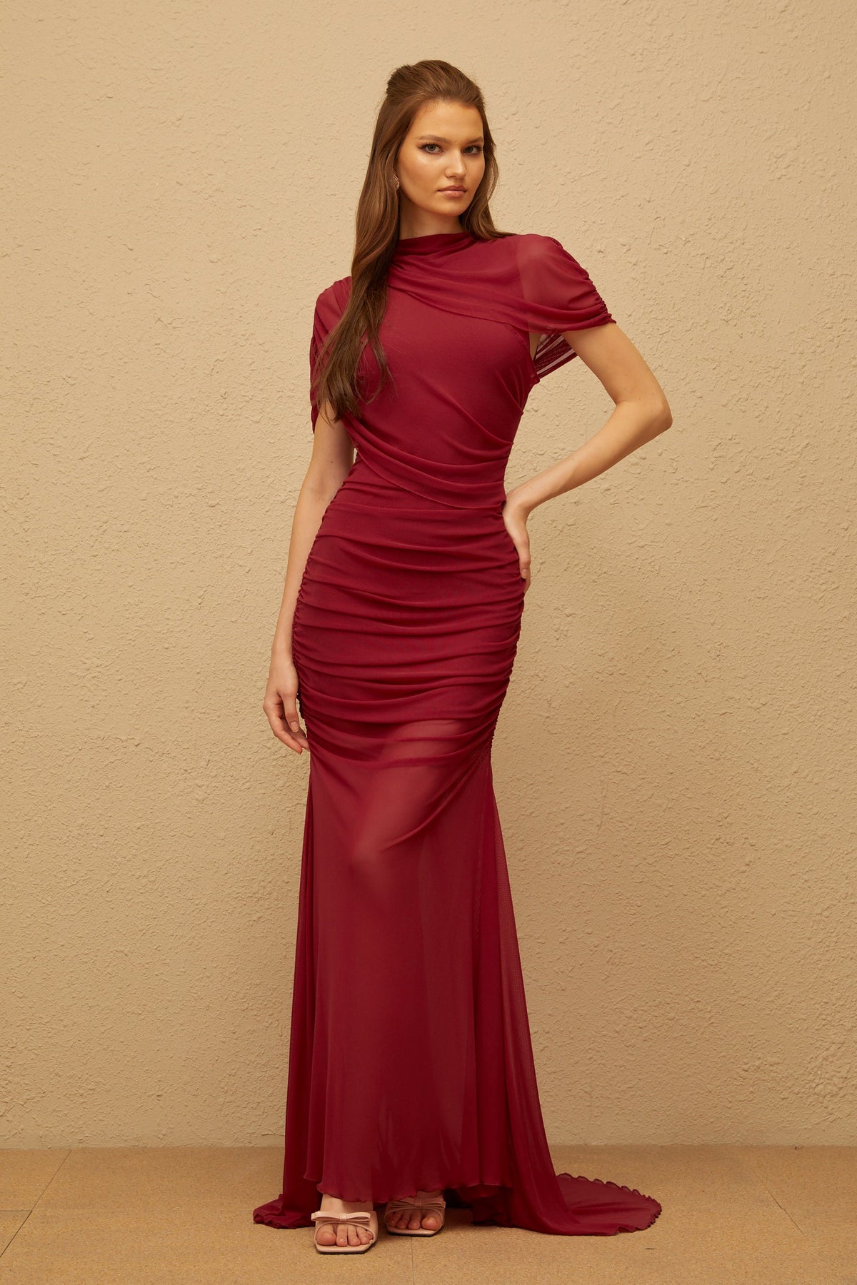 Sylphe Red Asymmetrical Ruched Mesh Maxi Dress (Final Sale-US Only)