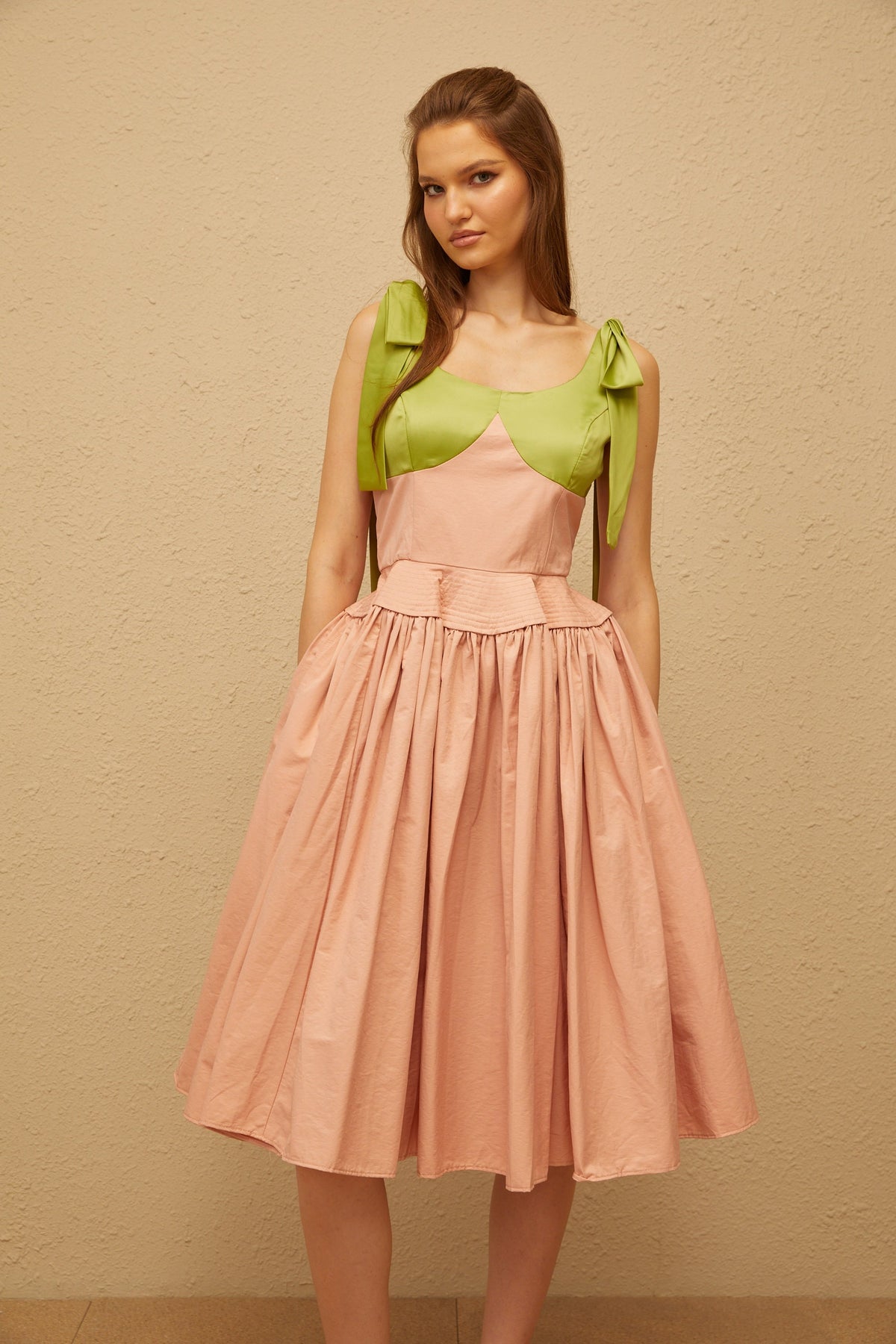 Abrielle Pink Satin Bowknot Strap Midi Dress