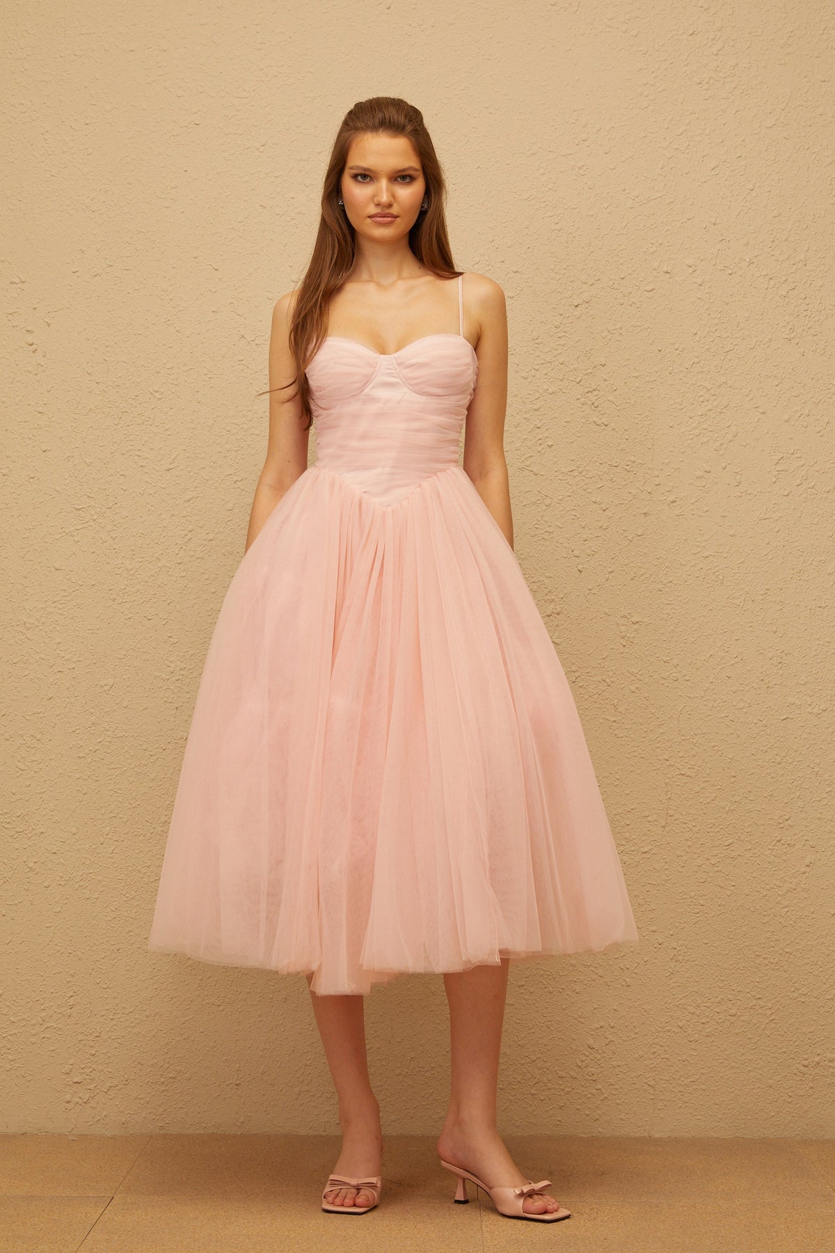 Apolline Pink Pleated Corset Tulle Midi Dress