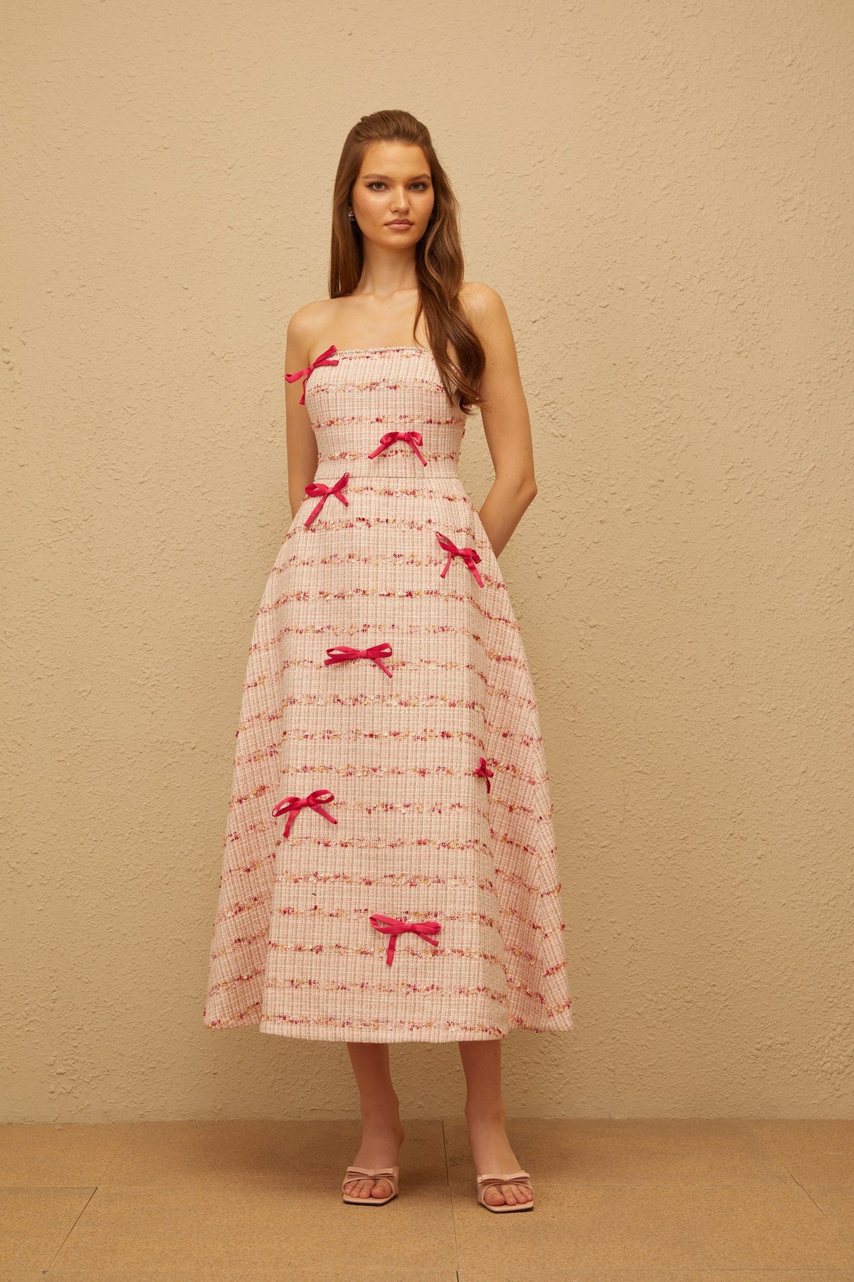 Fabienne Pink Bow Embellished Tweed Midi Dress (Final Sale-US Only)