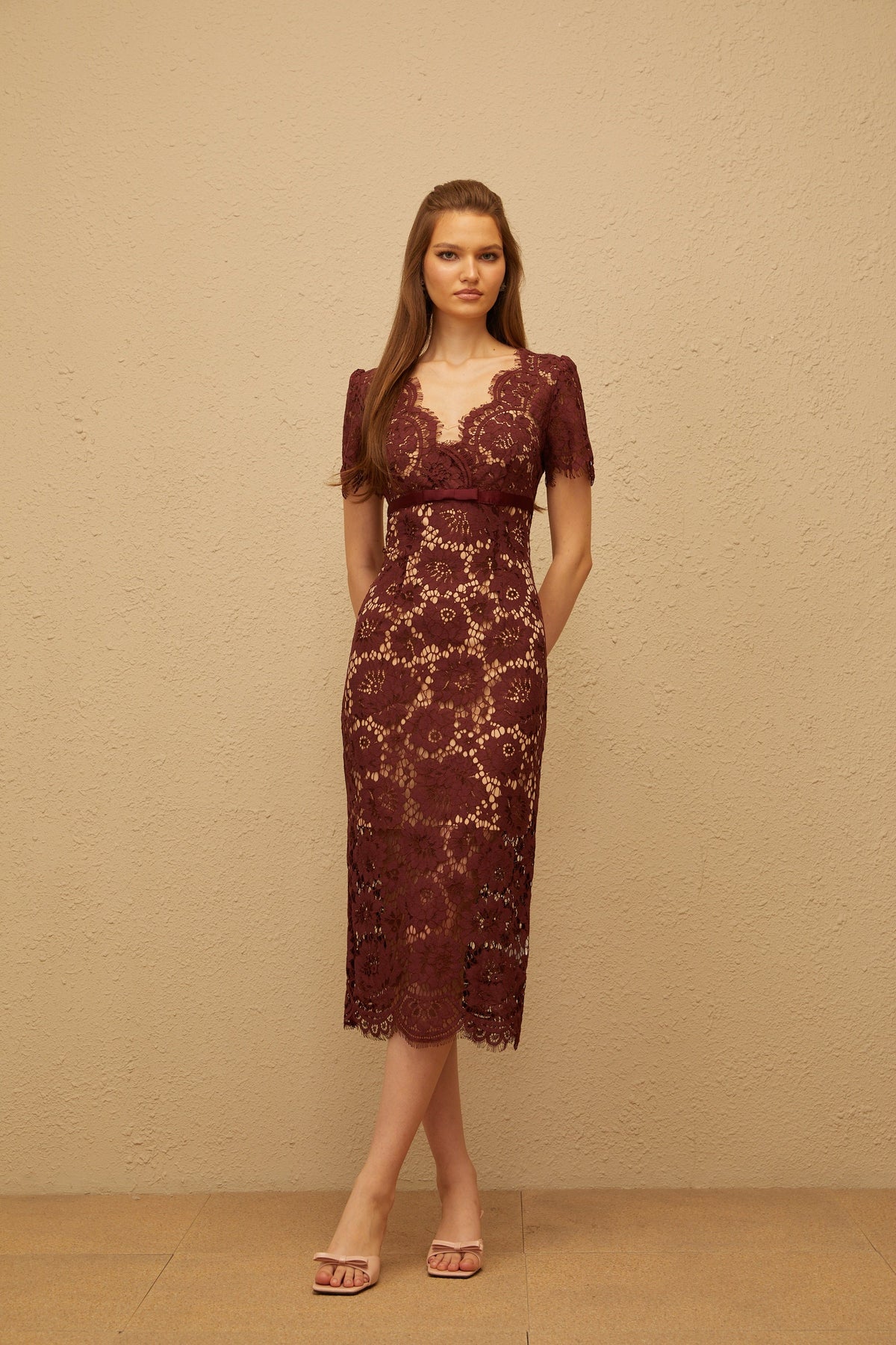 Iris Burgundy Floral Lace Pencil Midi Dress
