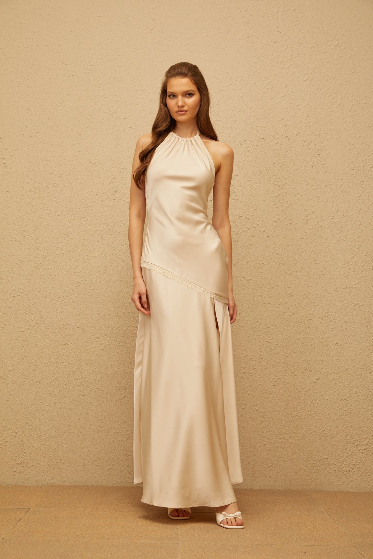 Aurore Neutral Halterneck Satin Maxi Dress