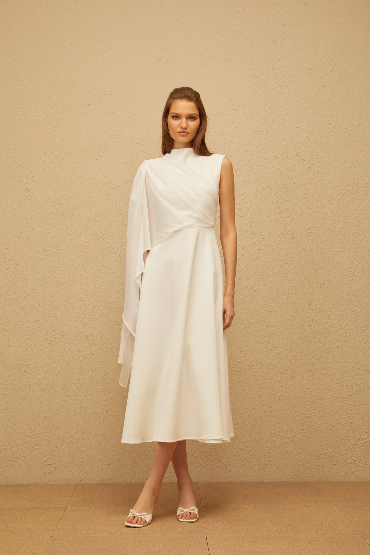 Léopoldine White Asymmetrical Shawl Midi Dress