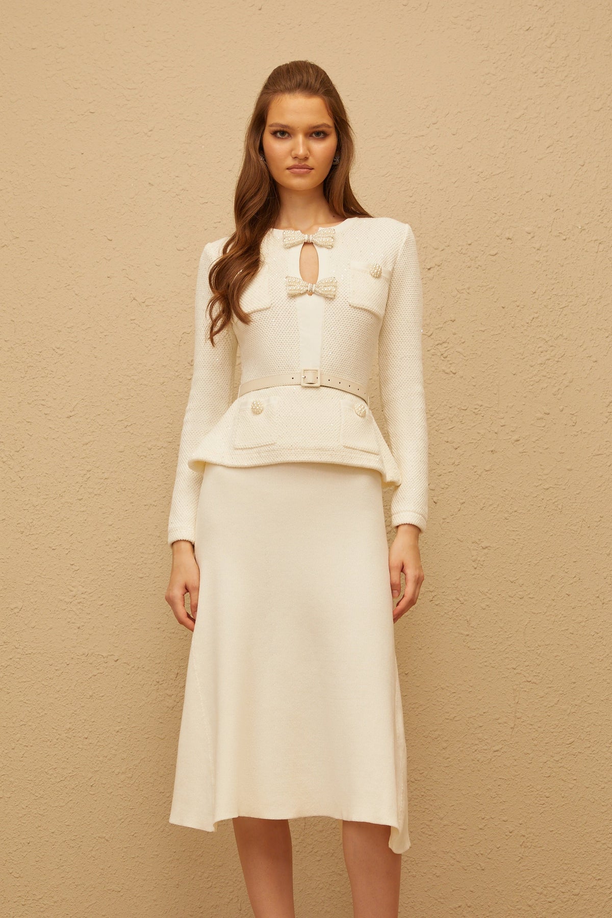 Adélade White Embellished Knit Midi Dress