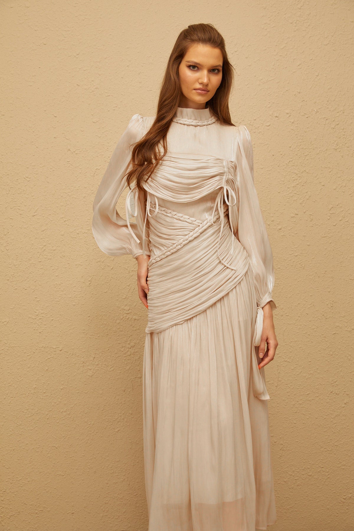 Amour Grey Ruched Glossy Maxi Dress (Final Sale)
