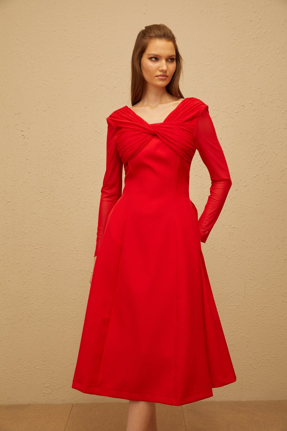 Colette Red Twisted Mesh Panel Midi Dress