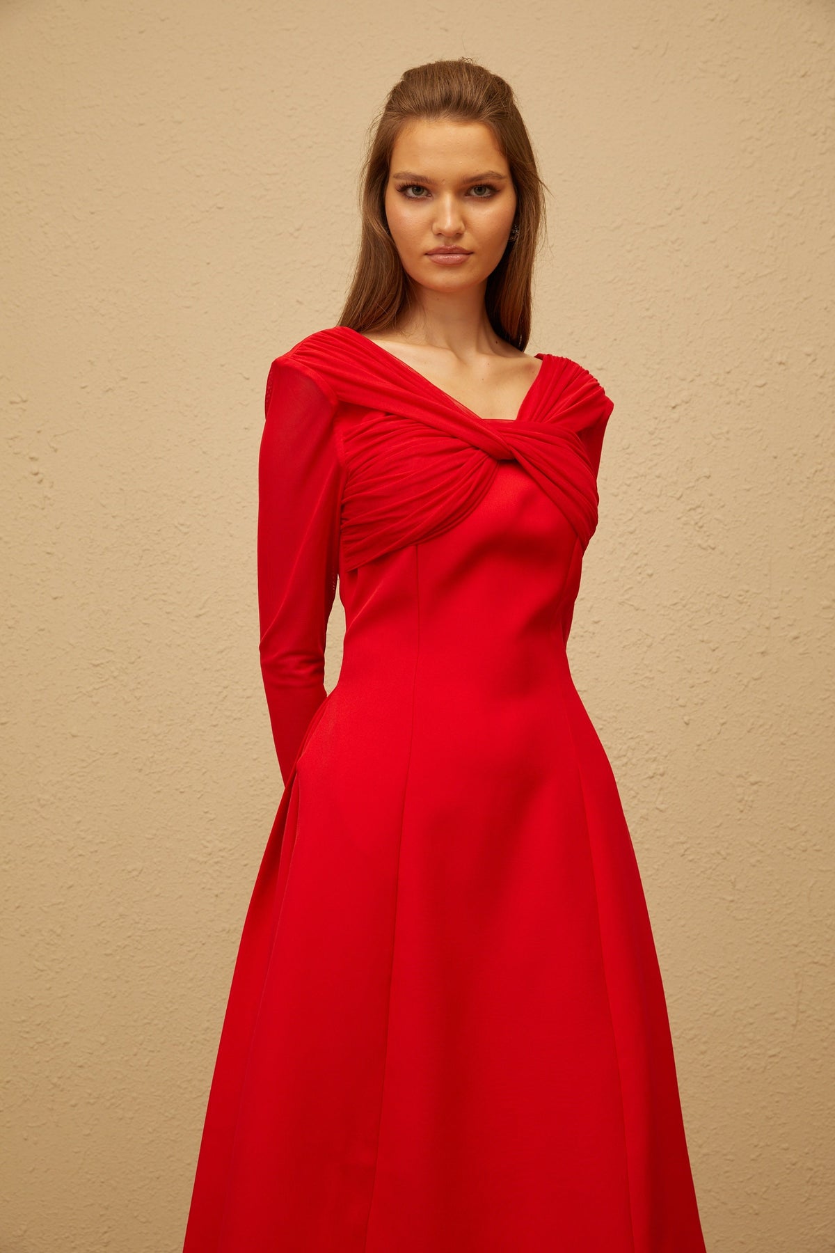 Colette Red Twisted Mesh Panel Midi Dress
