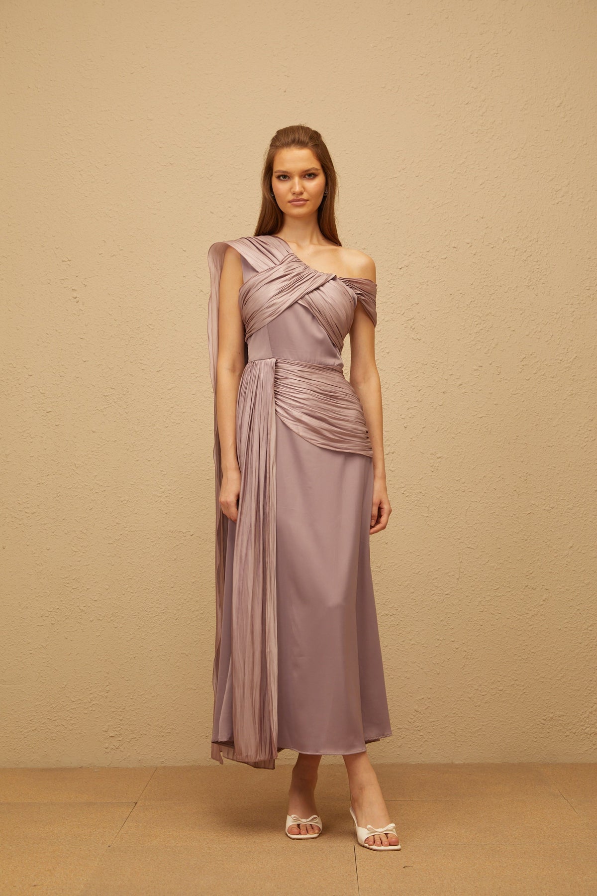 Judith Purple Ruched Glossy Ribbon Maxi Dress (Final Sale)