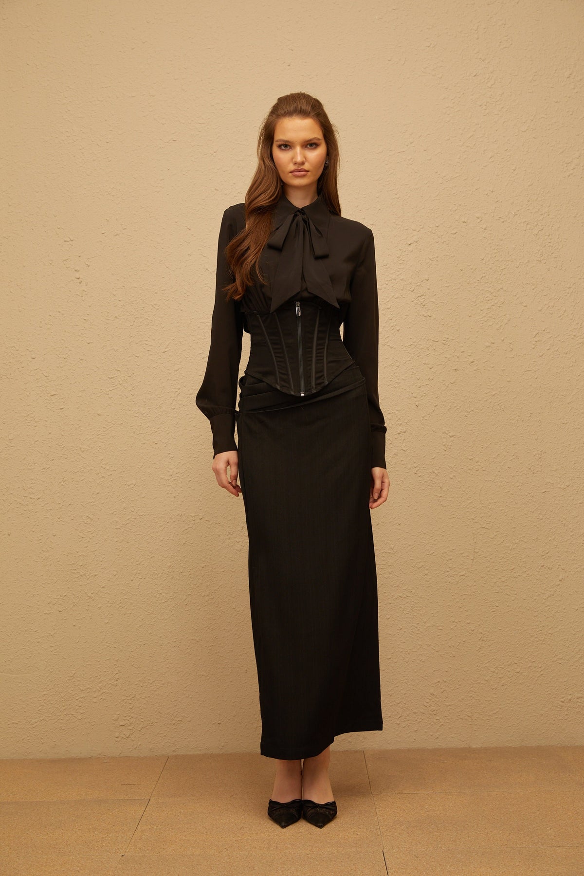 Aimée Black Corset Panel Chiffon Shirt
