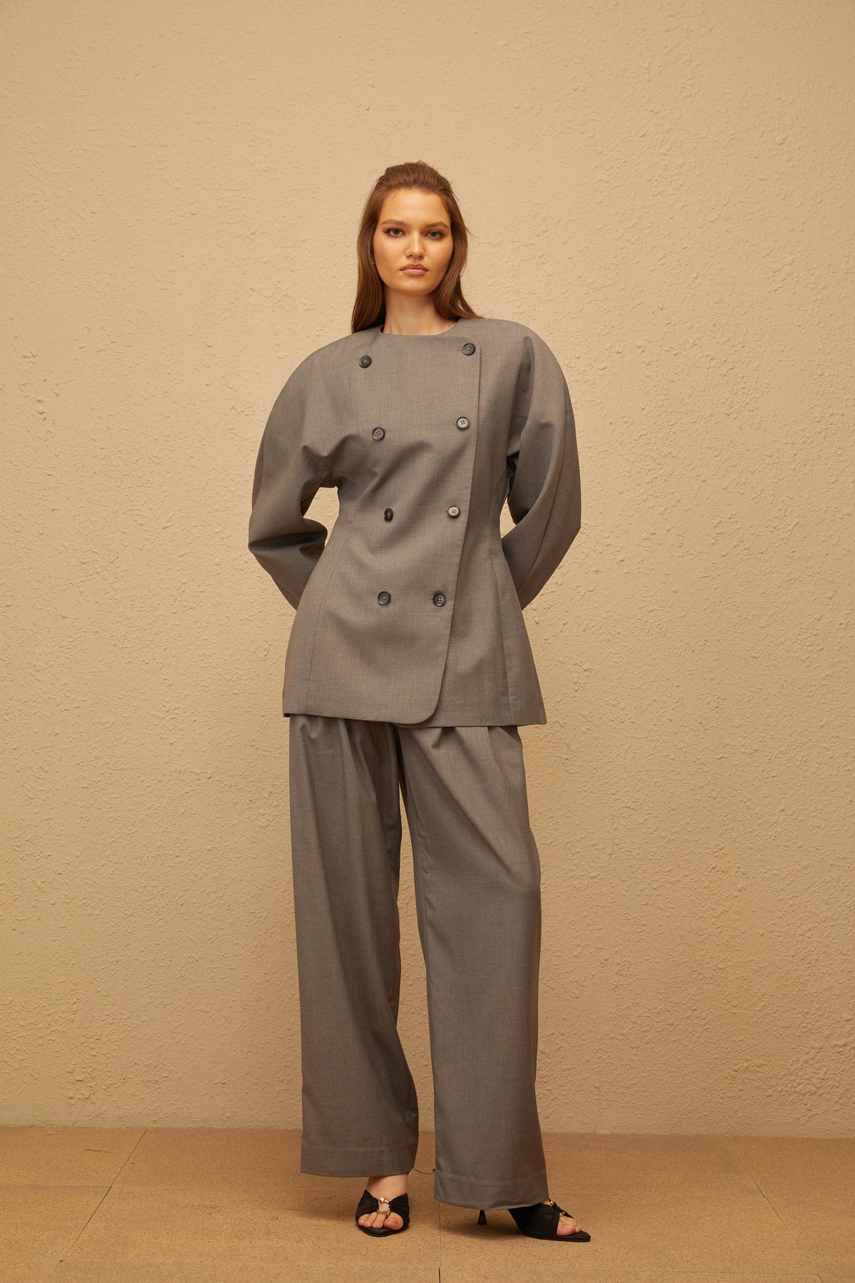 Clémence Grey Double-Breasted Coat & Trousers Set