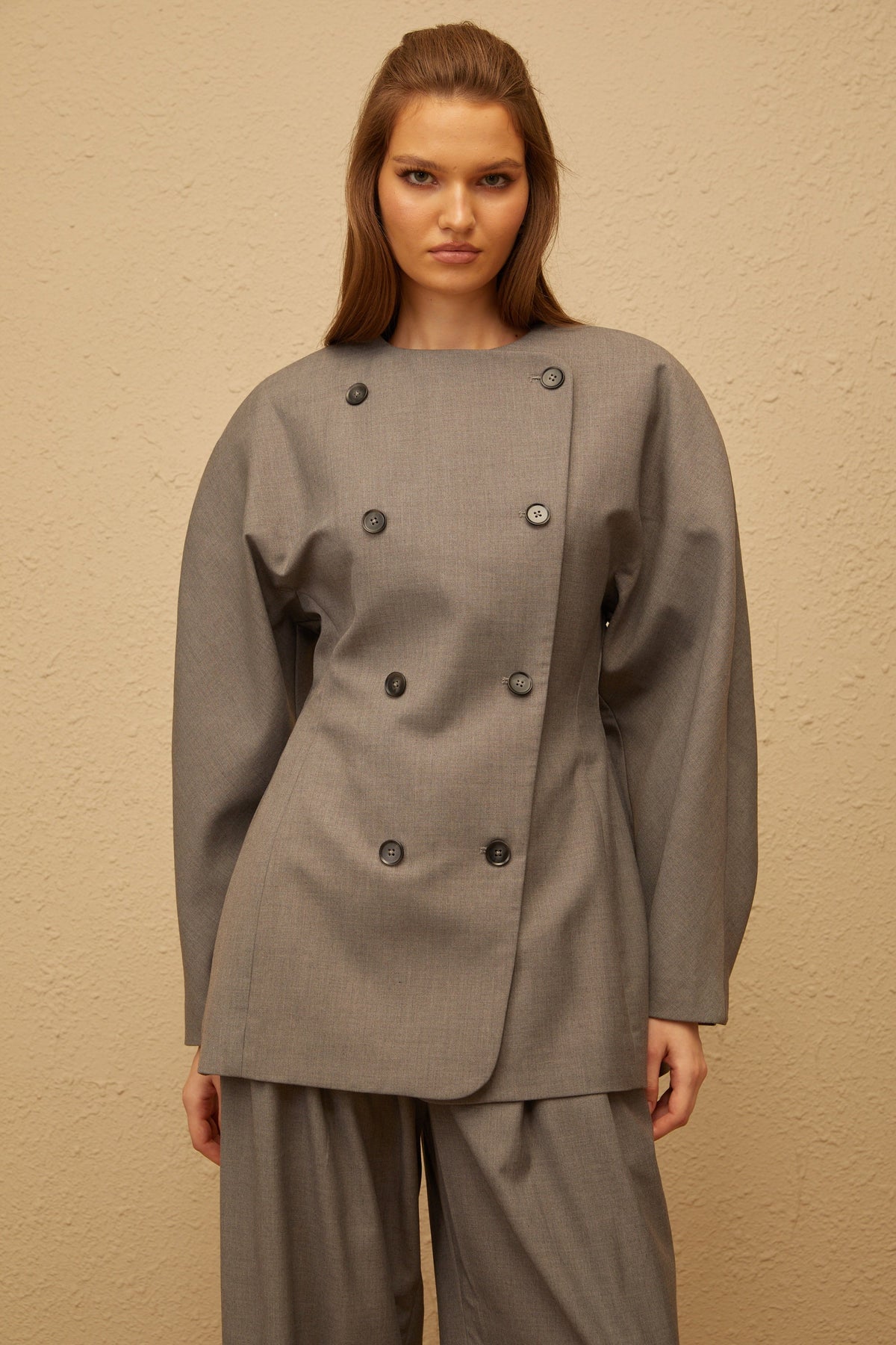 Clémence Grey Double-Breasted Coat & Trousers Set