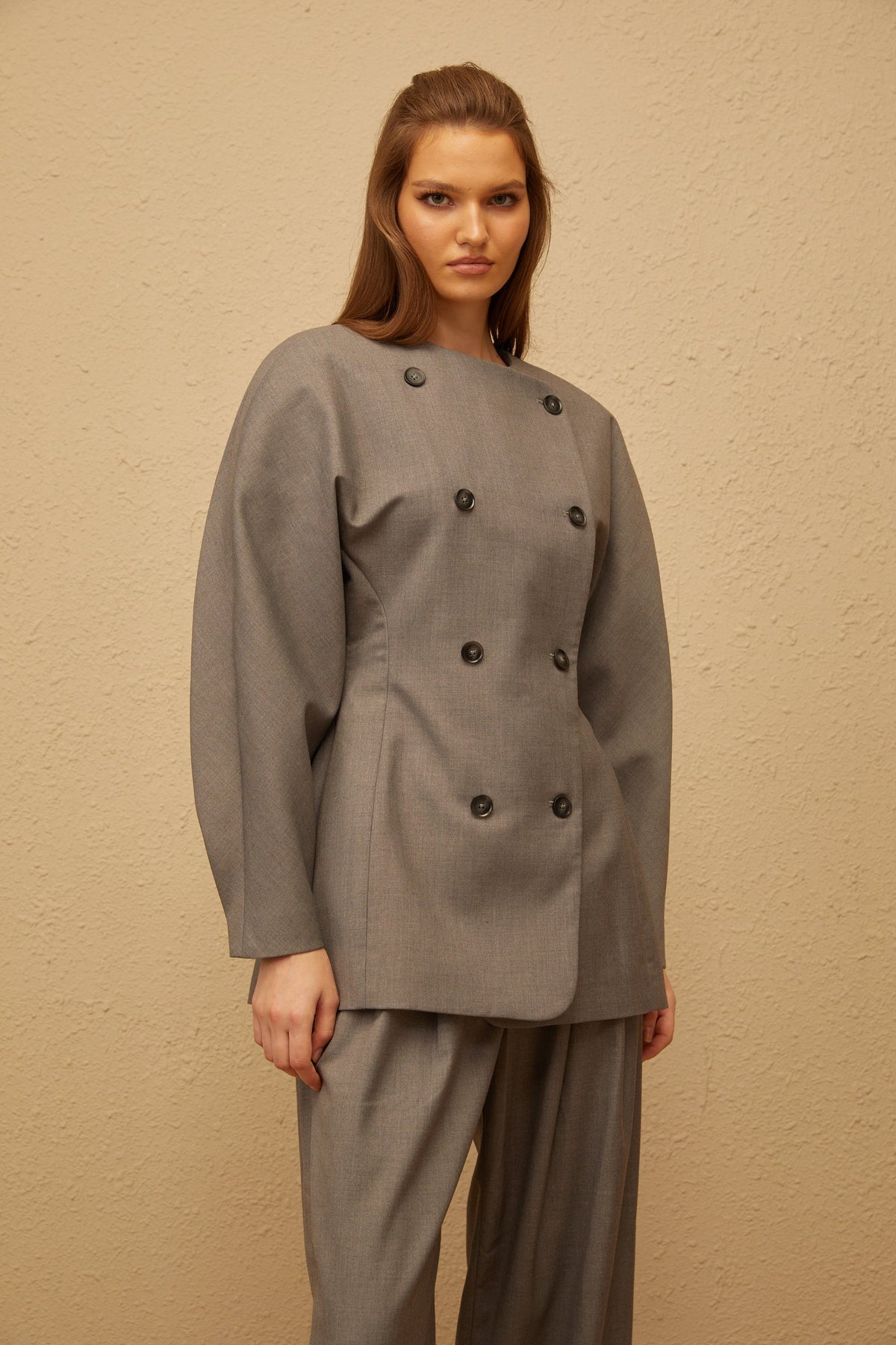 Clémence Grey Double-Breasted Coat & Trousers Set