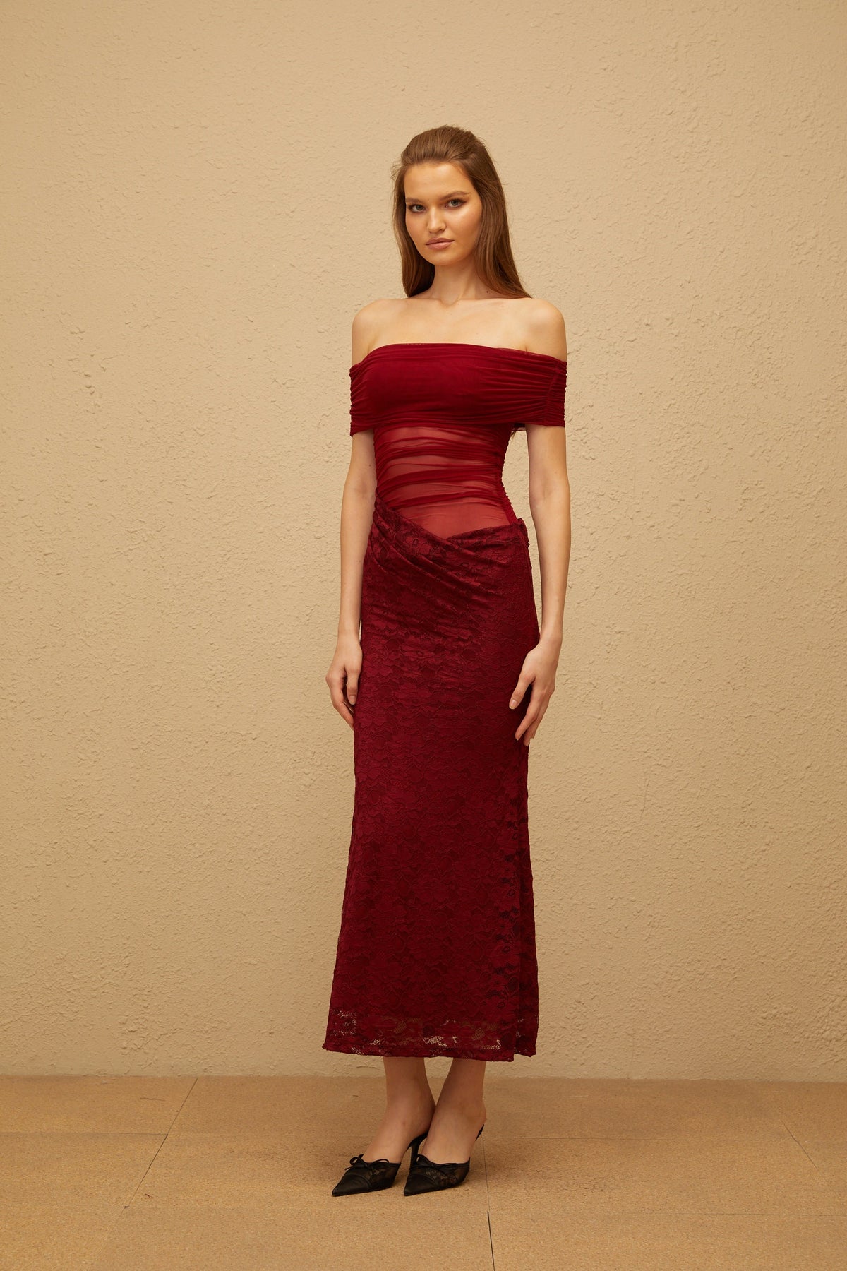 Dianthe Red Lace Panel Mesh Midi Dress