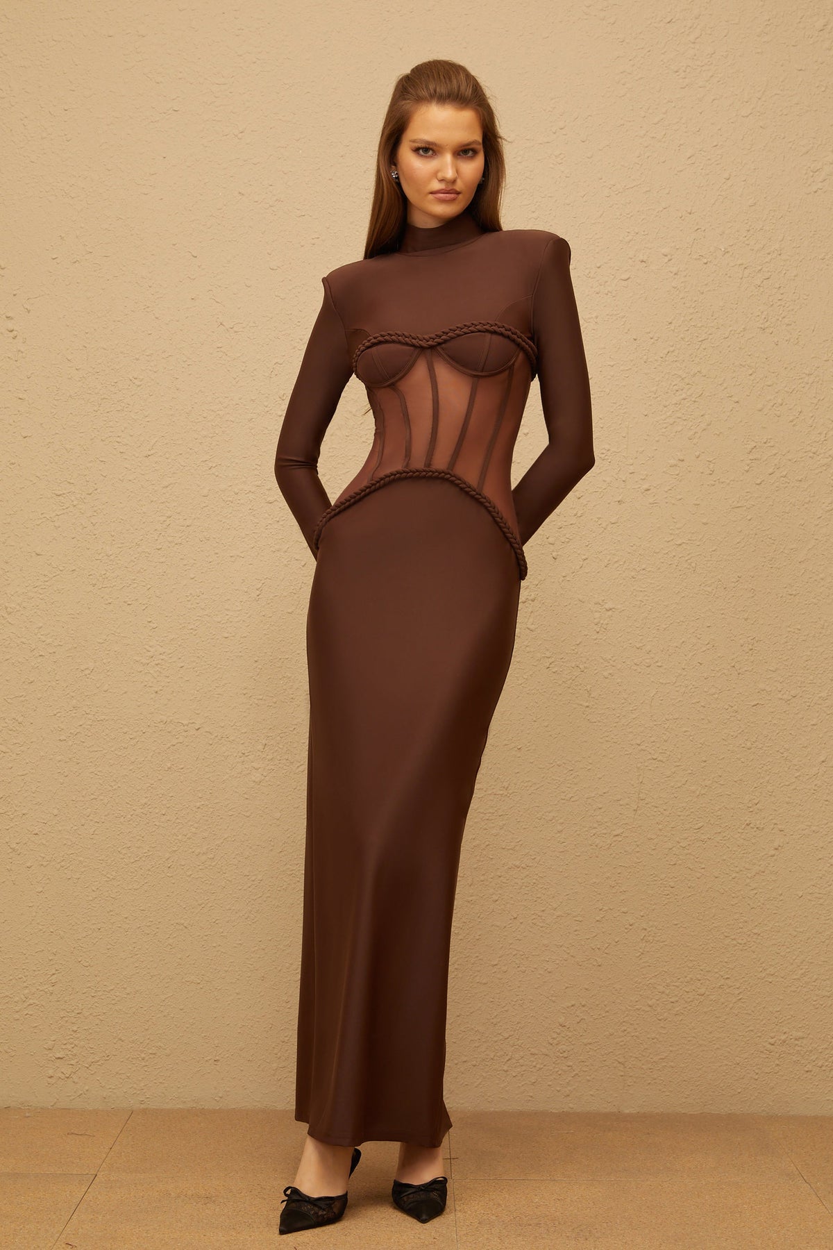 Amaryllis Brown Mesh Panel Corset Maxi Dress