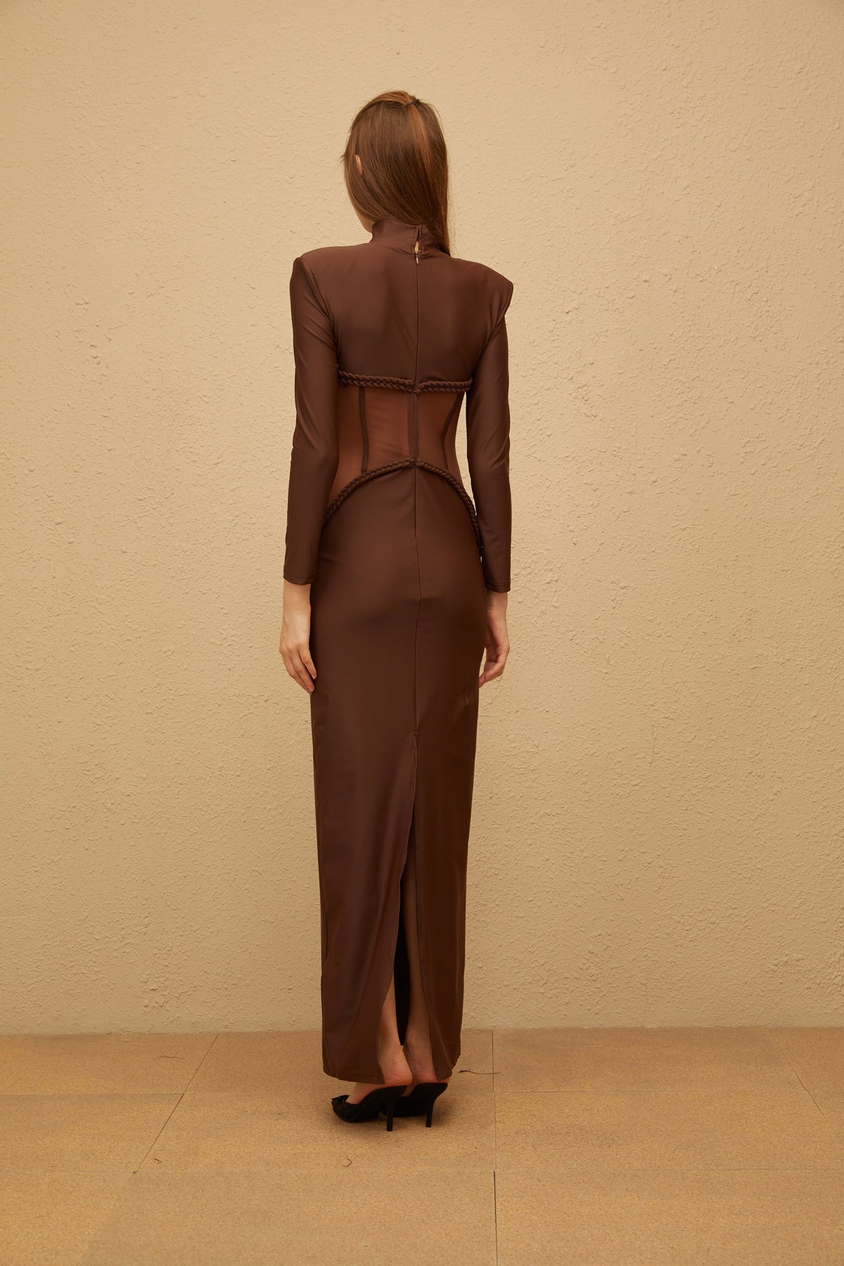 Amaryllis Brown Mesh Panel Corset Maxi Dress