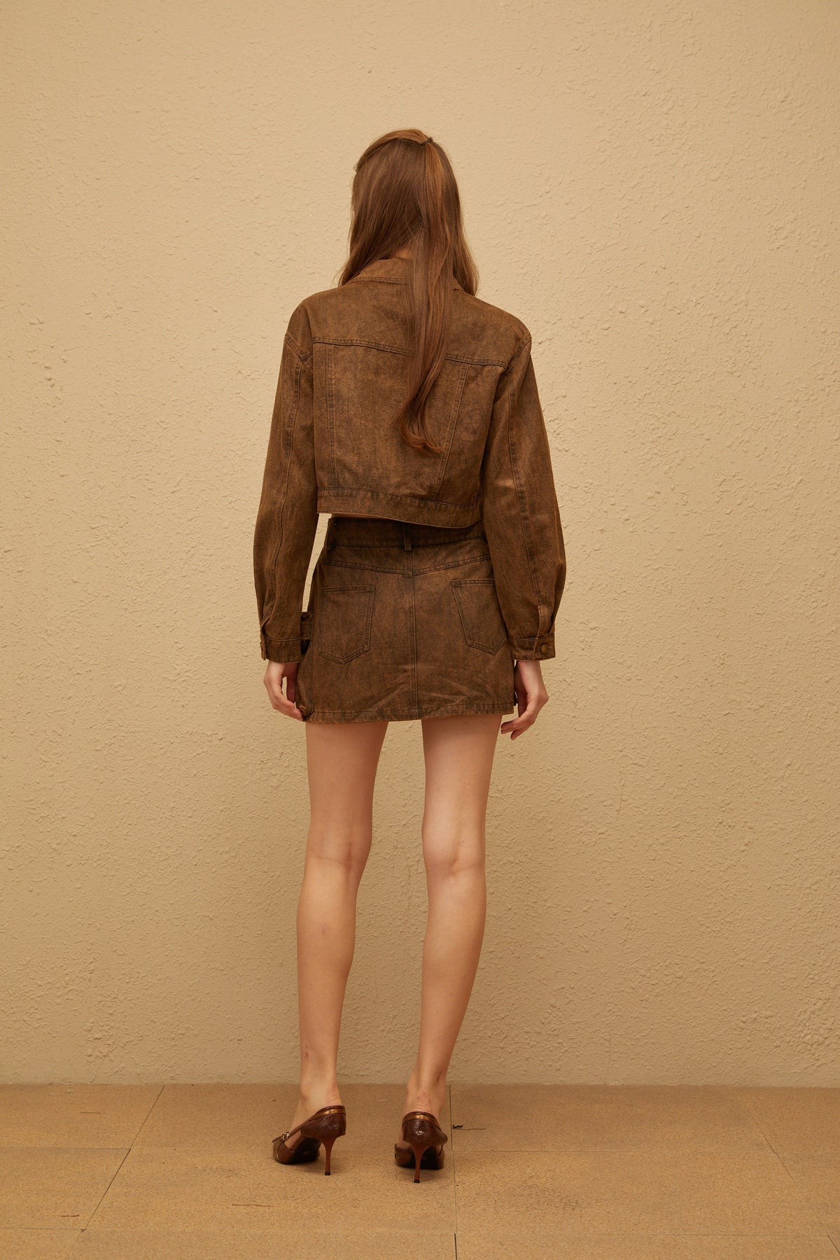 Raphaëlle Brown Suede Texture Denim Jacket & Skirt Set