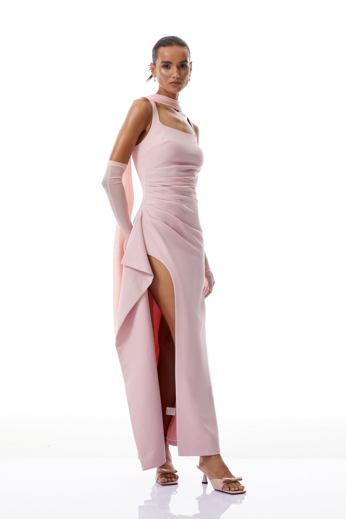 Ophélie Pink Scarf Detail Gathered Maxi Dress