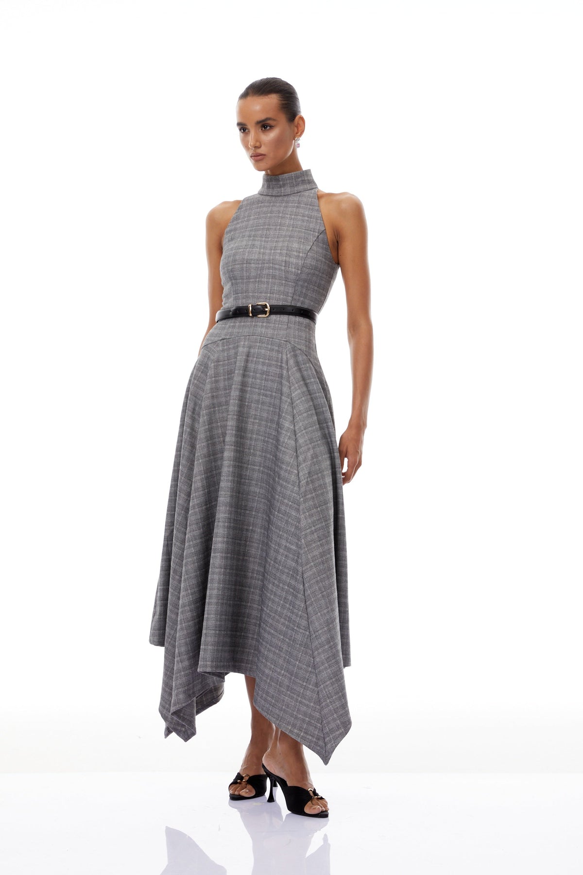 Wilhemine Grey Checked Tweed Maxi Dress (Without Belt)