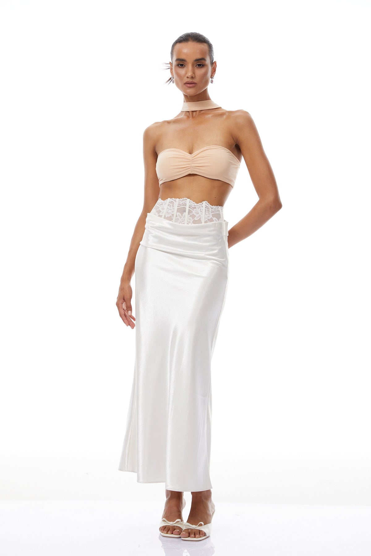 Eeva White Floral Lace Panel Maxi Skirt