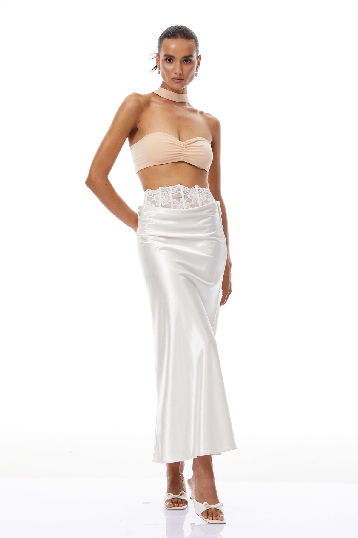 Eeva White Floral Lace Panel Maxi Skirt