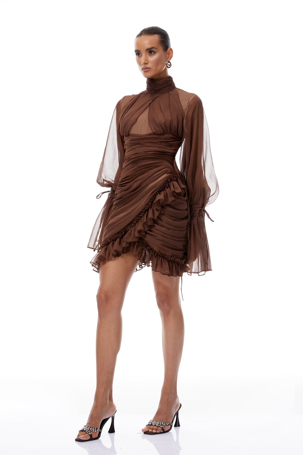Jade Brown Ruched Tulle Mini Dress
