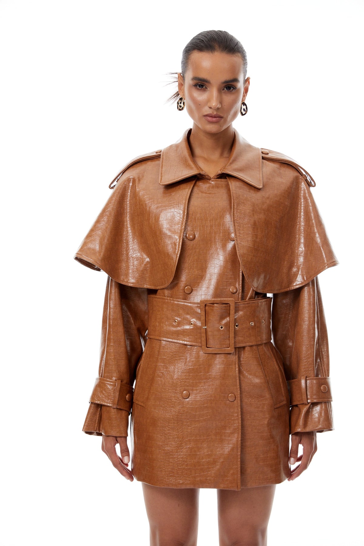 Lisette Caramel Textured Leather Trench Coat - brown