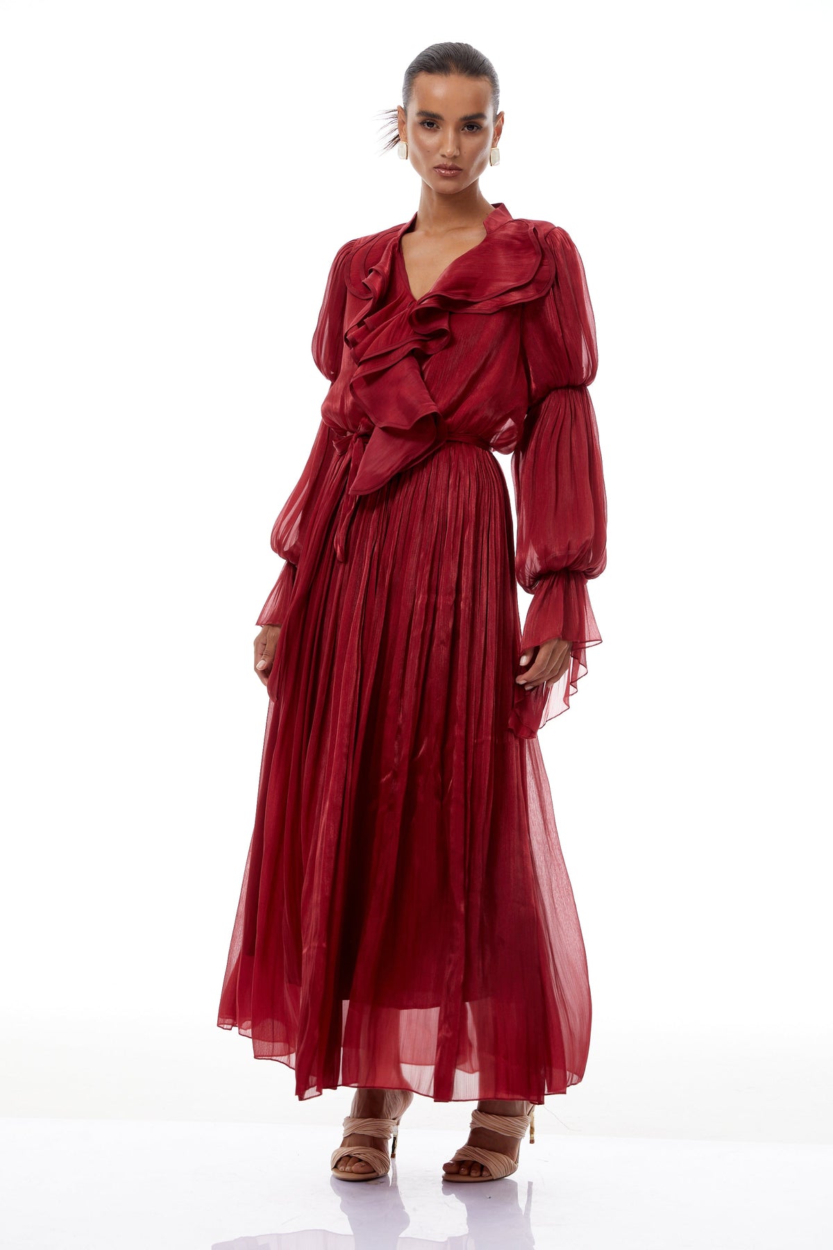 Ophélie Red Glossy Ruffled Pleated Maxi Dress