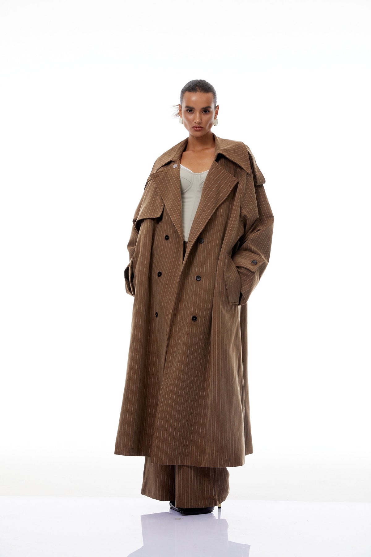 Clémence Brown Striped Trench Coat & Trousers Set - brown