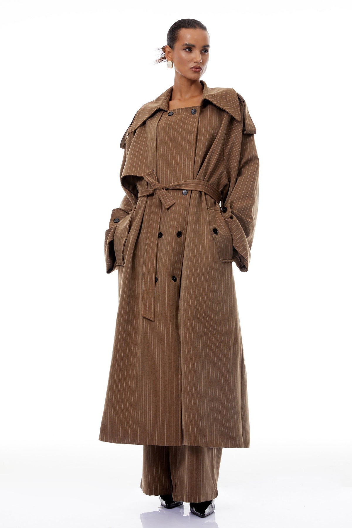 Clémence Brown Striped Trench Coat & Trousers Set