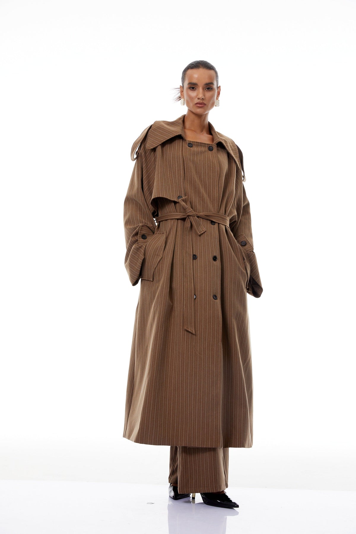 Clémence Brown Striped Trench Coat & Trousers Set - brown
