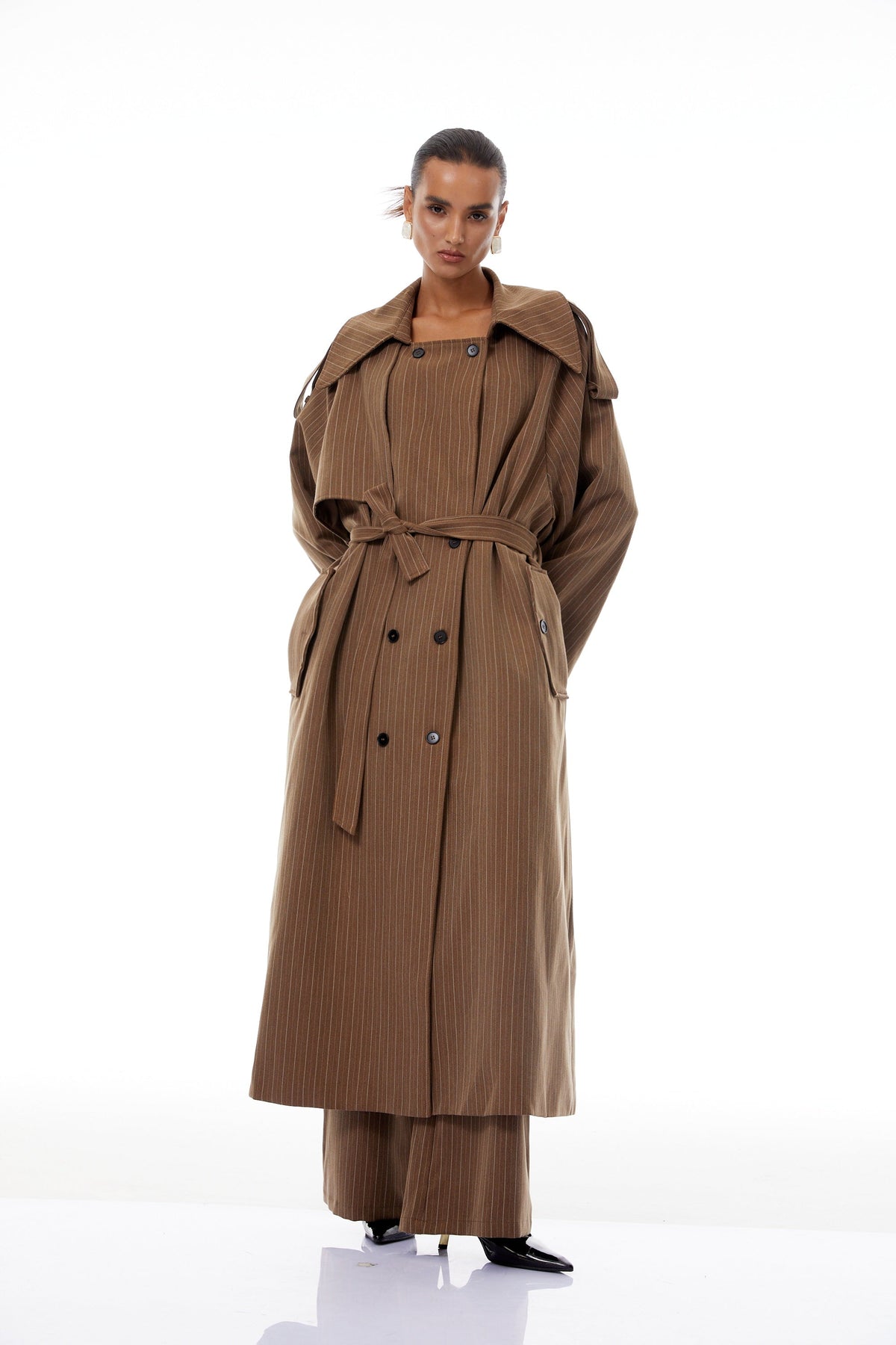 Clémence Brown Striped Trench Coat & Trousers Set - brown