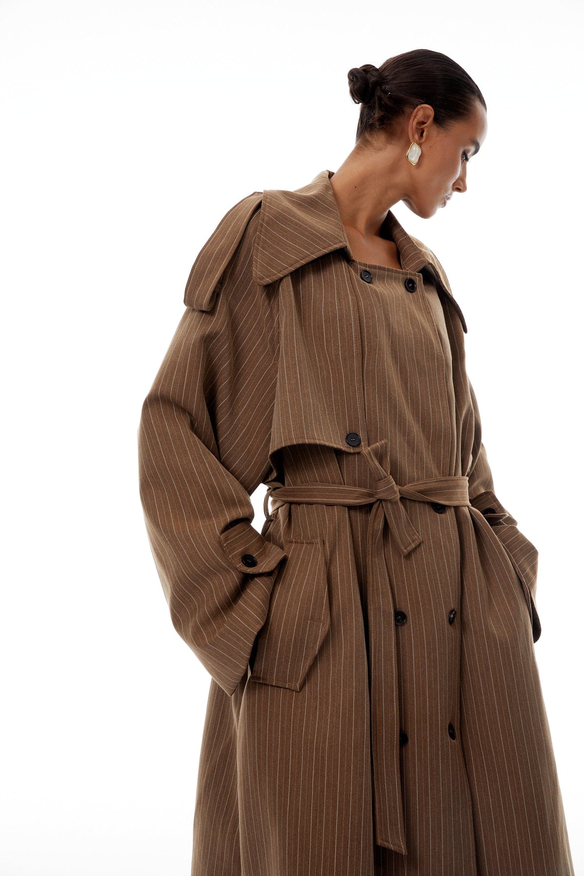 Clémence Brown Striped Trench Coat & Trousers Set - brown